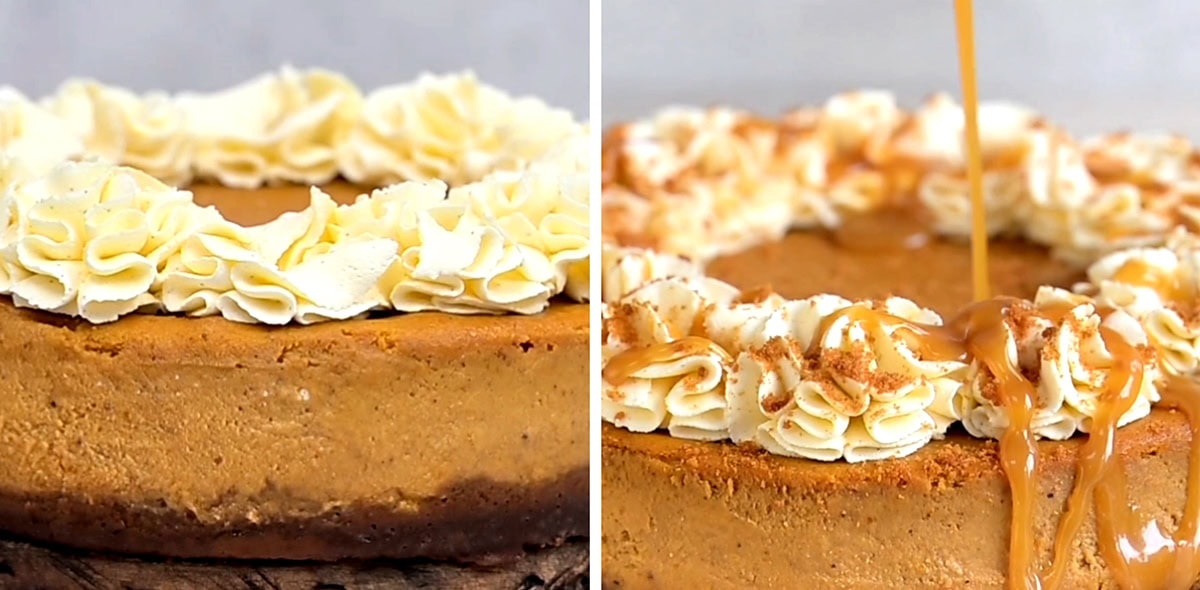 A pumpkin pie cheesecake with piped whipped cream. On the right, caramel sauce is being drizzled over the whipped cream topping. Both images show the cake on a rustic wooden surface.
