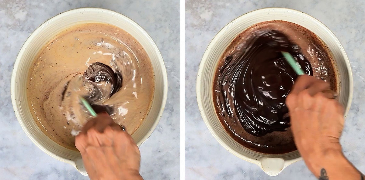 Two side-by-side overhead views showing a hand using a spatula to stir dark chocolate into a lighter liquid base for a chocolate orange cake in a mixing bowl.
