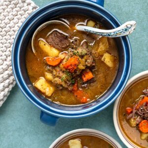 A blue bowl filled with beef stew containing chunks of meat, carrots, and potatoes, with a decorative spoon resting inside.