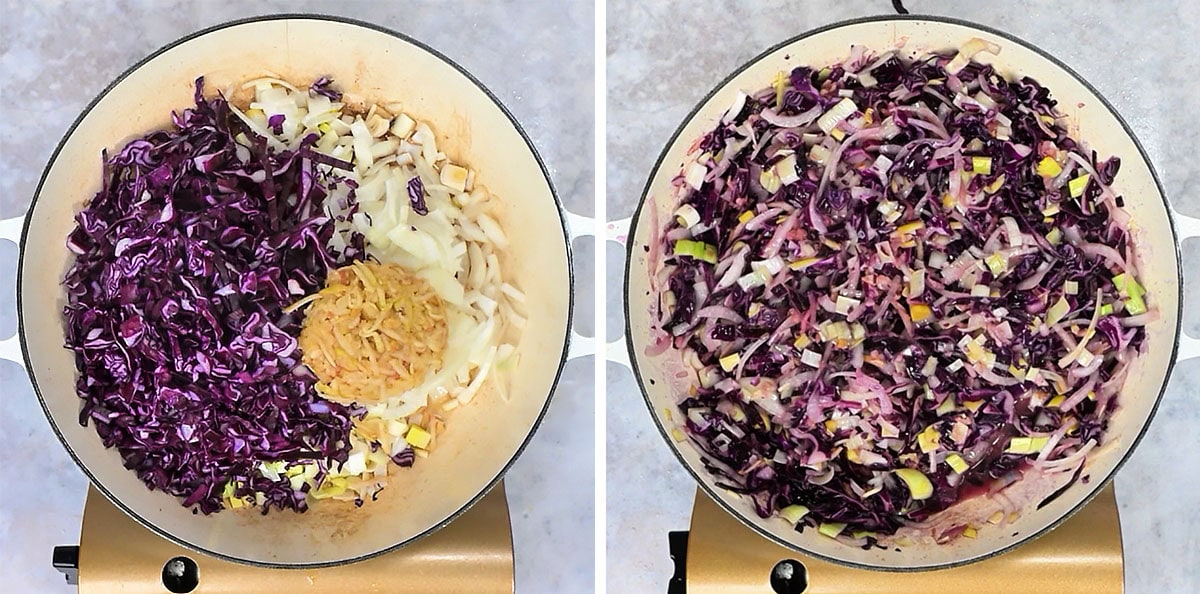 Shredded red cabbage, onion and grated apple in a skillet, shown raw and then wilted after cooking