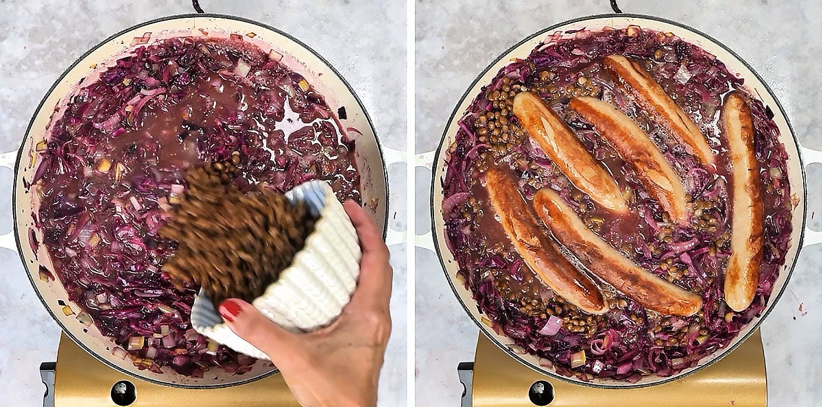 Lentils being stirred into braised red cabbage, then browned bratwurst arranged on top