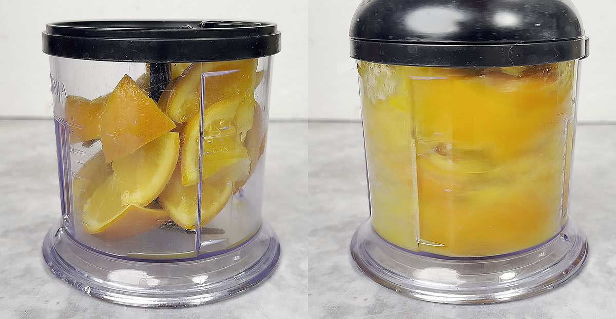 A food processor container filled with orange slices before and after being blended into a puree for a chocolate orange cake.