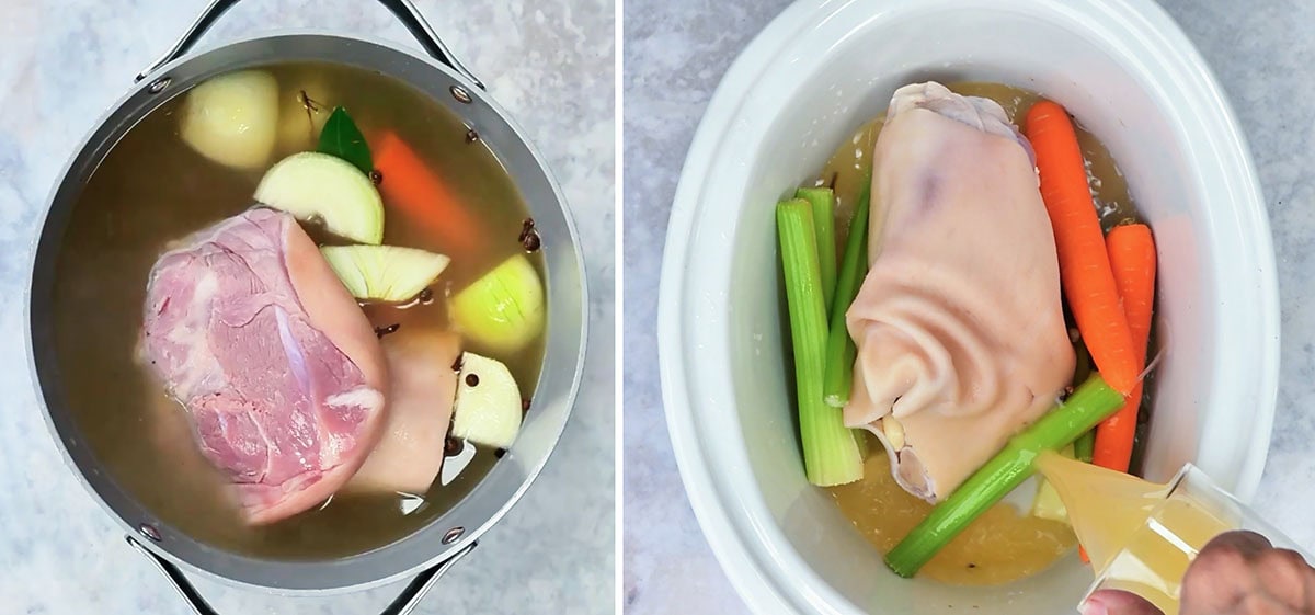 Two ways to braise a ham hock: in a pot on the stove with onion, carrots and spices, and in a slow cooker with carrots and celery as the stock is poured in.