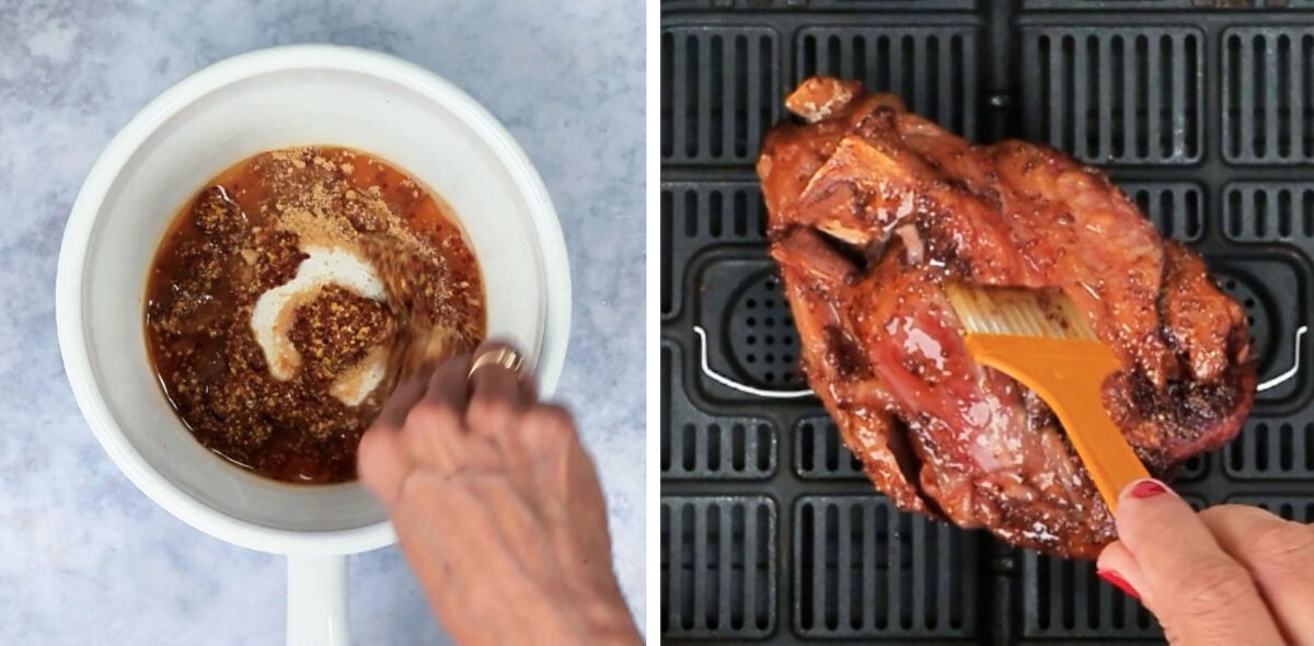 Stirring the maple mustard glaze in a pan, then brushing it over a braised ham hock in an air fryer basket.