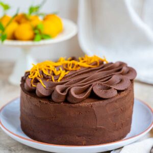 A frosted chocolate orange cake topped with piped frosting swirls and zest, sitting on a white plate with a bowl of oranges in the background.