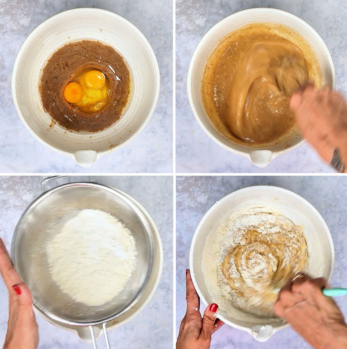 A four-panel collage showing a mixing bowl with two eggs added to a brown matcha banana bread mixture, the eggs being whisked in, flour being sifted into the bowl, and the ingredients being mixed together.