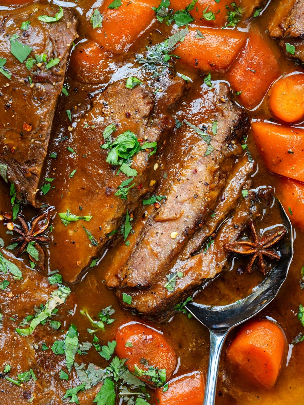 Braised brisket slices in a rich brown gravy with carrots, star anise, and a garnish of fresh herbs, served with a silver spoon.