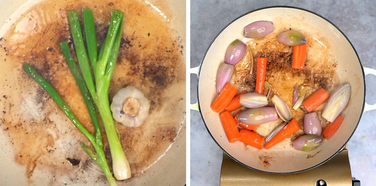 Two-step photo: green onions and a halved head of garlic charring in the Dutch oven, then halved shallots and chunks of carrot added after deglazing.