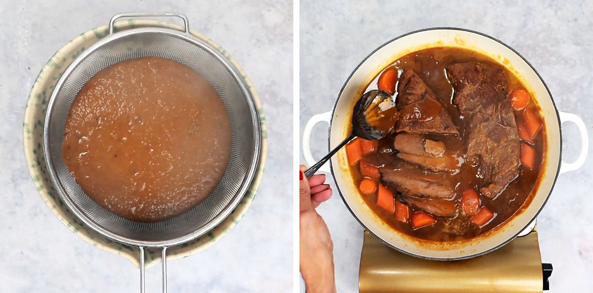 Two-step photo: the blended braising liquid being strained through a fine-mesh sieve, then the sliced brisket back in the pot with the gravy and carrots.