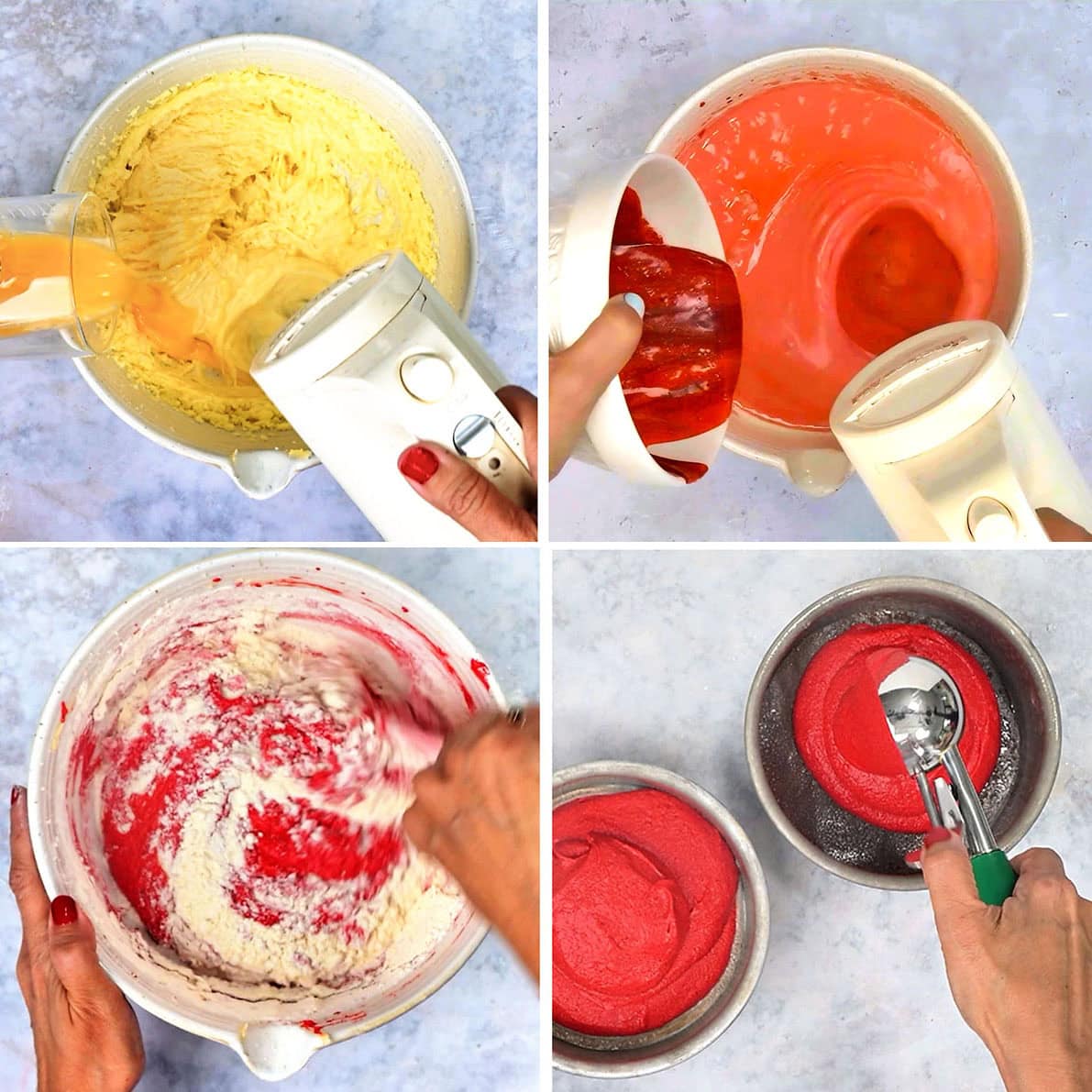 A four-photo sequence showing the process of mixing red velvet batter for a Halloween bone cake, from incorporating wet ingredients and red dye to folding in flour and scooping the batter into pans.