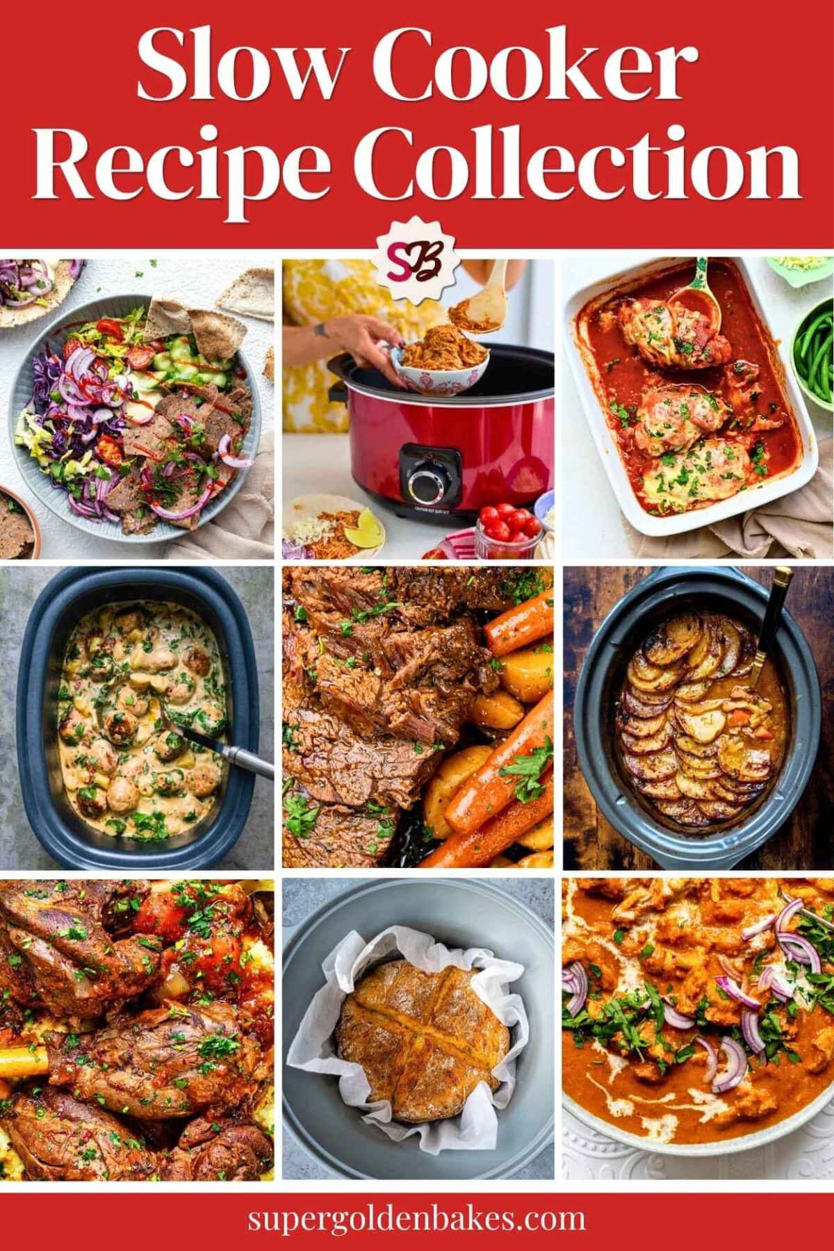 Collage of various slow cooker meals featuring stews, roasts, and chicken dishes under the title Slow Cooker Recipe Collection.