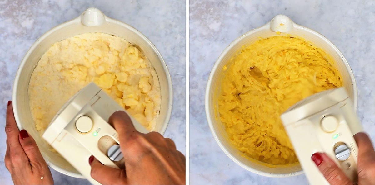 Beating cubed butter into the dry ingredients with a hand mixer until sandy, then mixing in the wet orange mixture to a smooth batter.