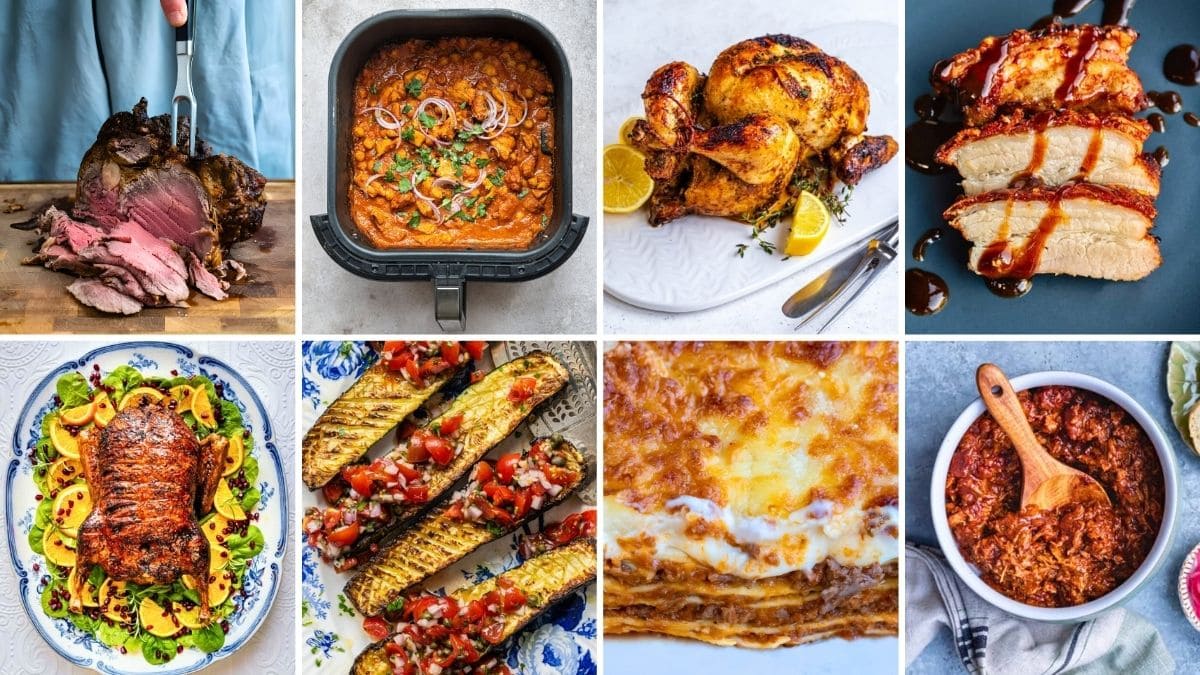 A collage of eight dishes including a sliced roast, air fryer recipes like chicken curry, a whole roasted chicken, sliced pork belly, a roast duck, stuffed zucchini, lasagna, and a bowl of shredded meat with a wooden spoon.