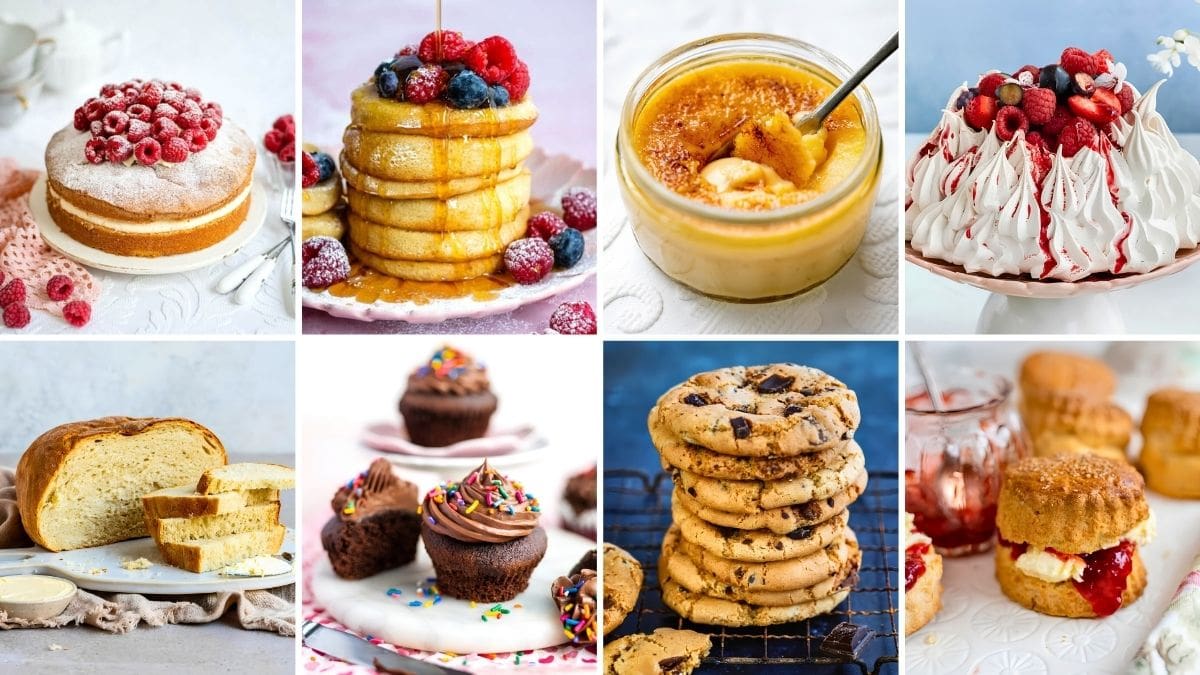 A collage of air fryer baking recipes including a layered cake with raspberries, pancakes with syrup, crème brûlée, a pavlova, sliced bread, chocolate cupcakes with sprinkles, chocolate chip cookies, and scones with jam and cream.