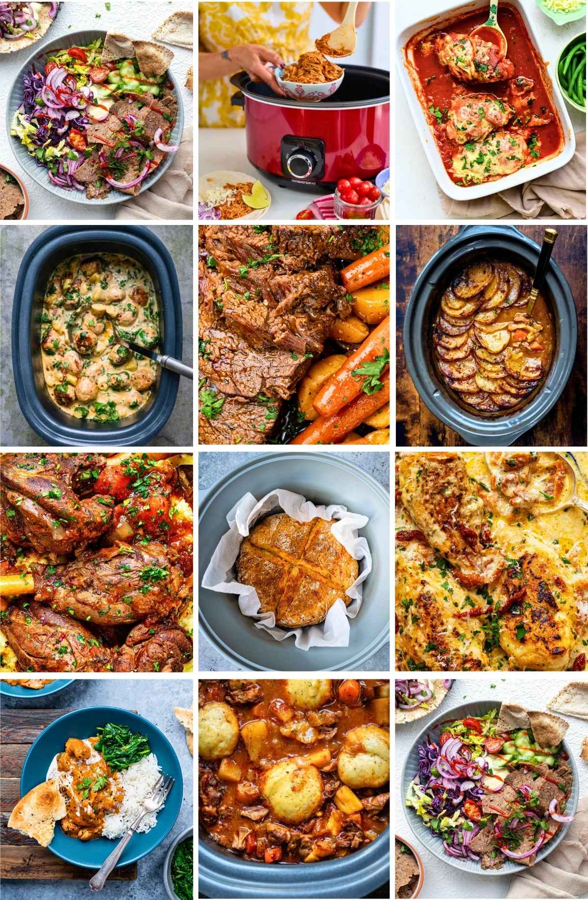 A collage of twelve slow cooker recipes from Supergolden Bakes, including doner kebab, pulled meat in a red slow cooker, chicken in tomato sauce, creamy chicken, pot roast with carrots, lamb hotpot, lamb shanks, bread, creamy chicken pasta, butter chicken with rice and beef stew with dumplings.