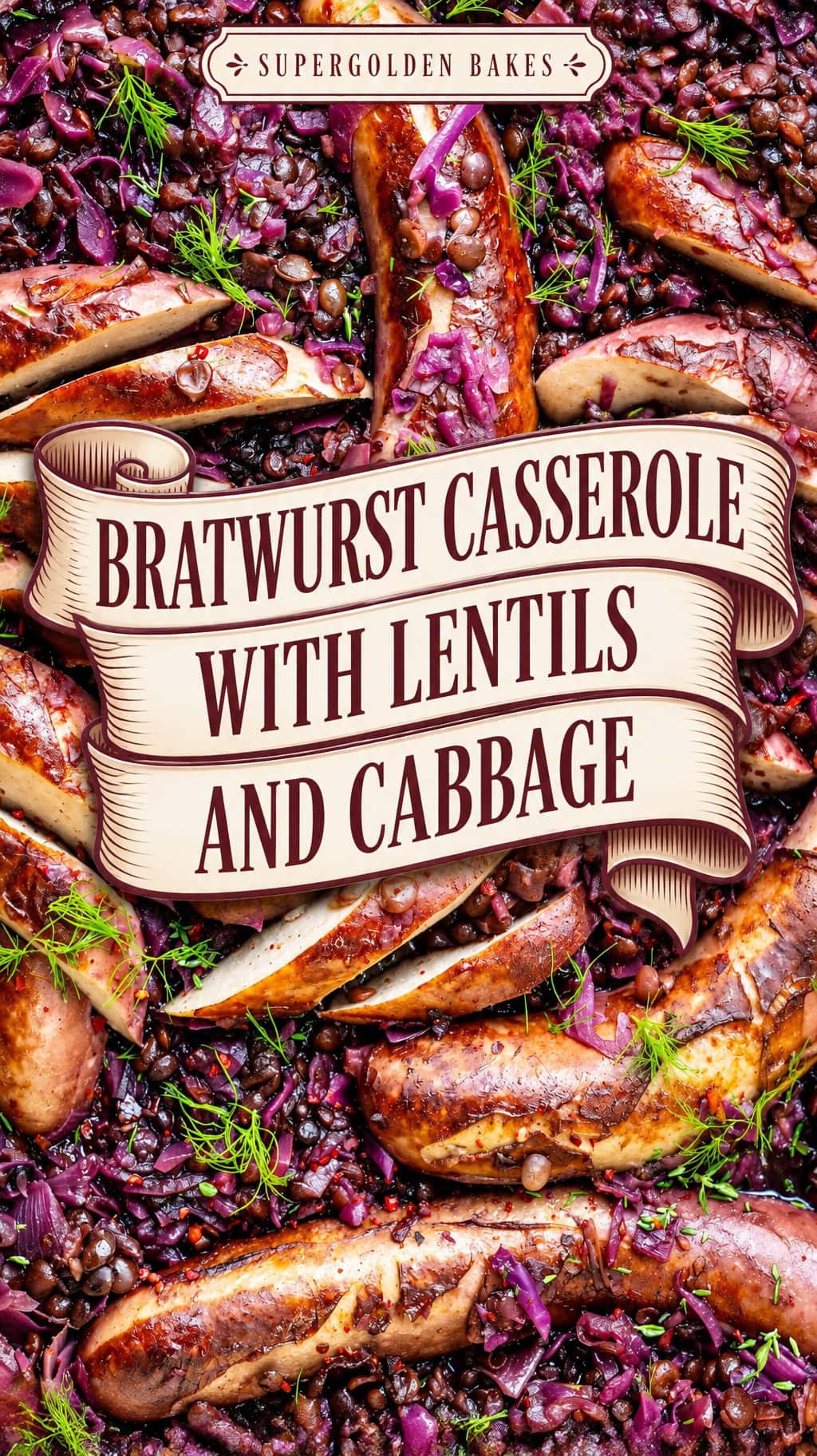 Bratwurst on a bed of lentils and braised red cabbage with a ribbon banner reading Bratwurst Casserole With Lentils and Cabbage