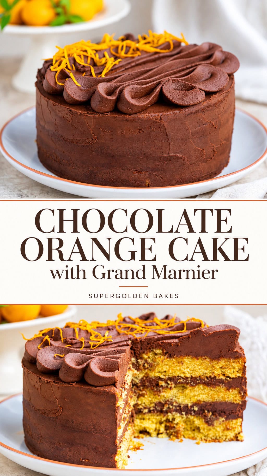 A whole and sliced chocolate orange cake garnished with zest, revealing yellow layers with chocolate filling and the text Chocolate Orange Cake with Grand Marnier centered in the middle.