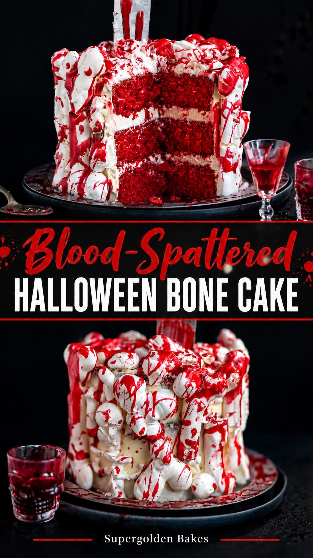 A red velvet Halloween bone cake decorated with white meringue bones and red syrup blood, with a knife inserted in the top.