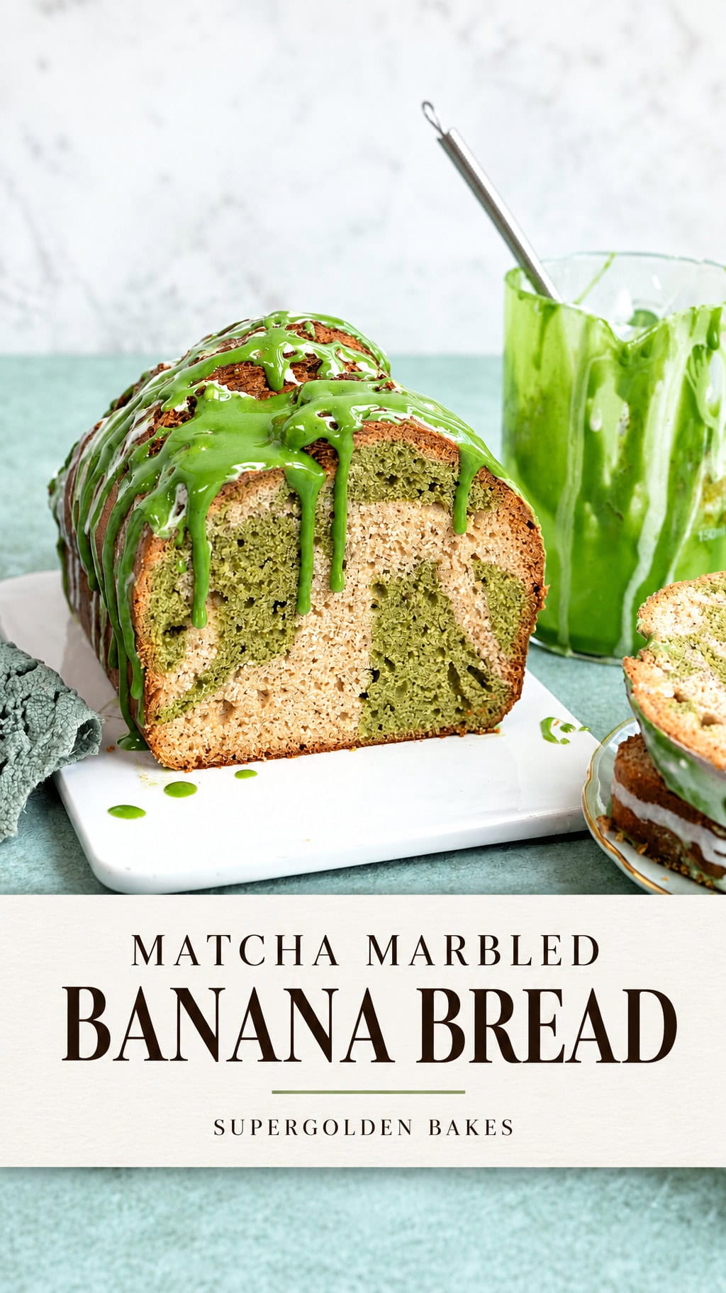 Loaf of matcha banana bread with a marbled effect and green glaze, labeled Matcha Marbled Banana Bread, Supergolden Bakes.