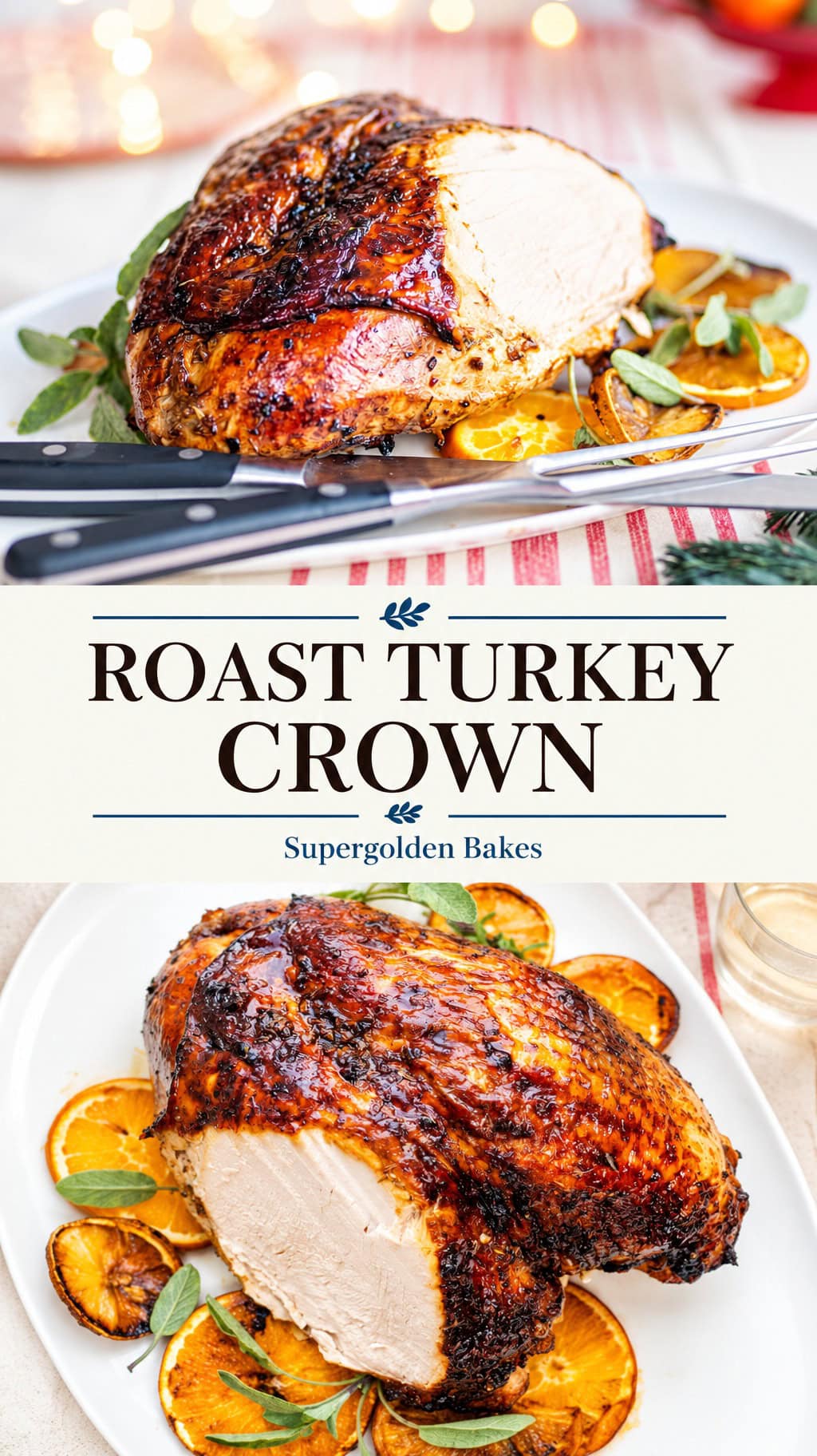 A roasted turkey crown garnished with orange slices and herbs on a white platter, with the text ROAST TURKEY CROWN overlaid in the center.