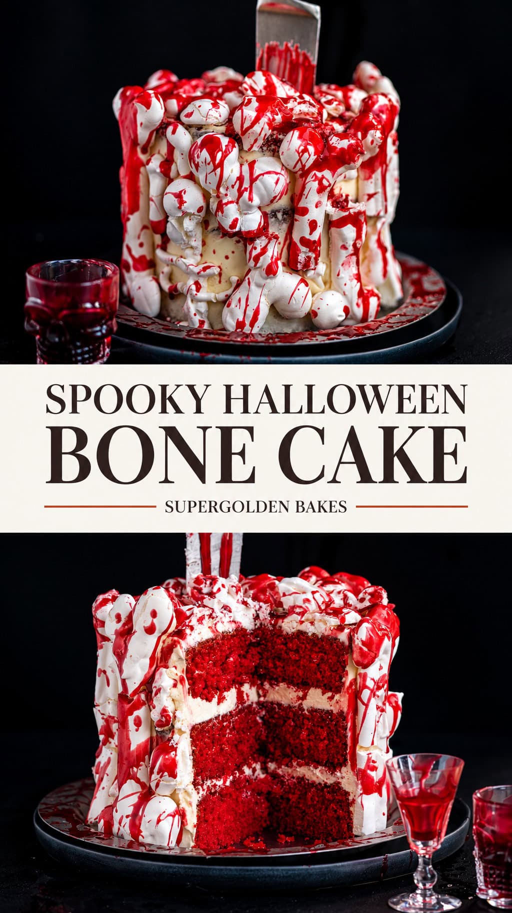 A tiered red velvet Spooky Halloween Bone Cake decorated with meringue bones and red syrup, with text reading Spooky Halloween Bone Cake by Supergolden Bakes.