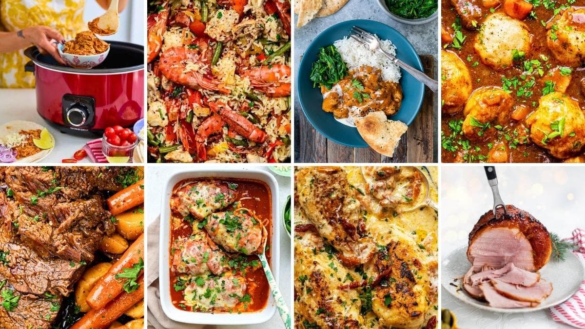 A collage showing eight diverse prepared dishes, including slow-cooked beef, shrimp paella, chicken in sauce, and glazed ham.