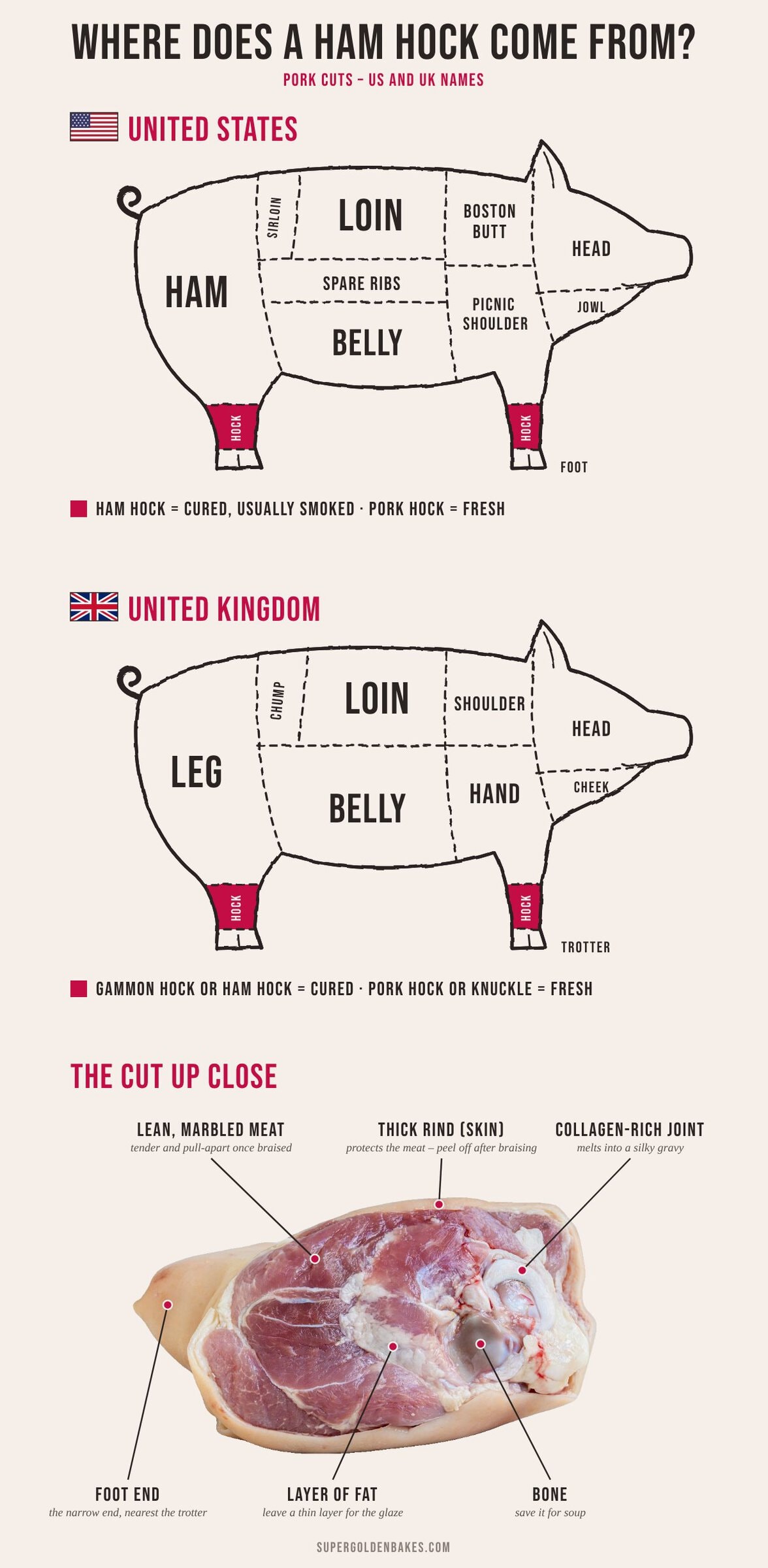 Pork cuts chart showing where a ham hock comes from on the pig, with US and UK cut names, and a labeled close-up of a raw ham hock showing the rind, fat, bone and lean meat.