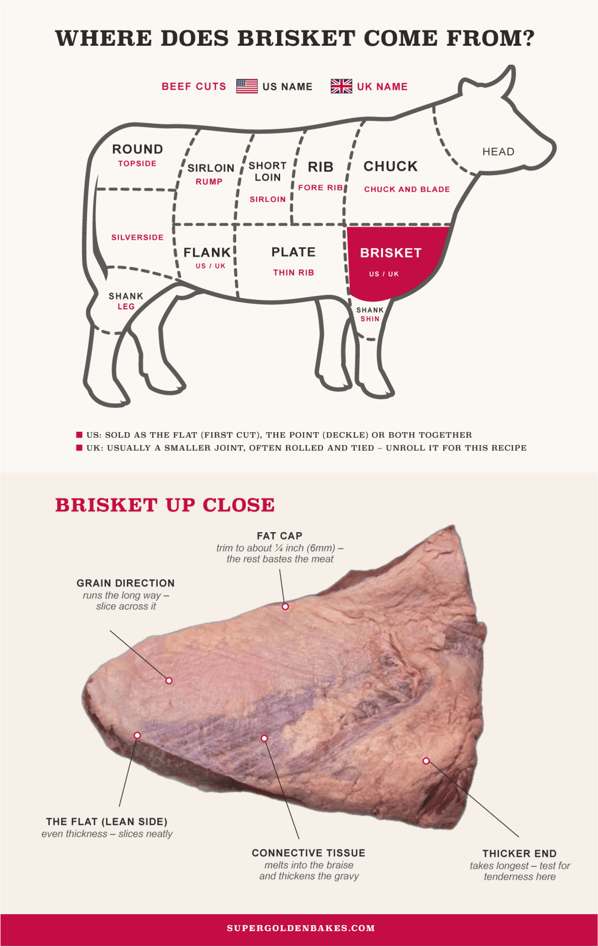 Infographic showing a cow diagram with beef cuts labeled for US and UK, and a close-up of a raw brisket pointing out the fat cap, grain direction, flat side, connective tissue, and thicker end.